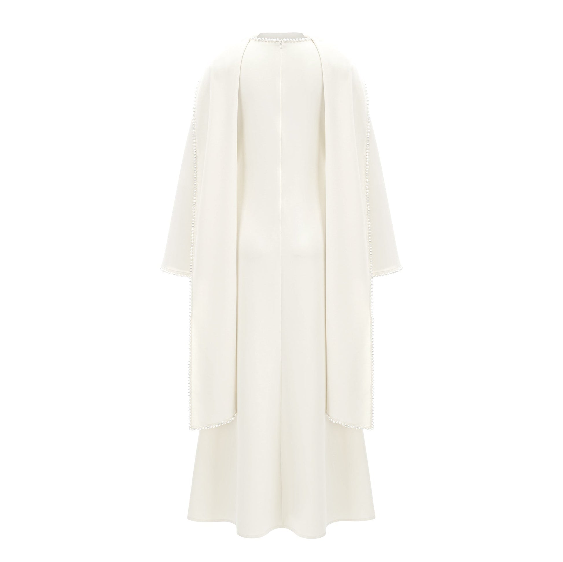 Montaracrest Piroska maxi dress with white pearl trim, shawl detail, flowing fabric, elegant evening wear for women.