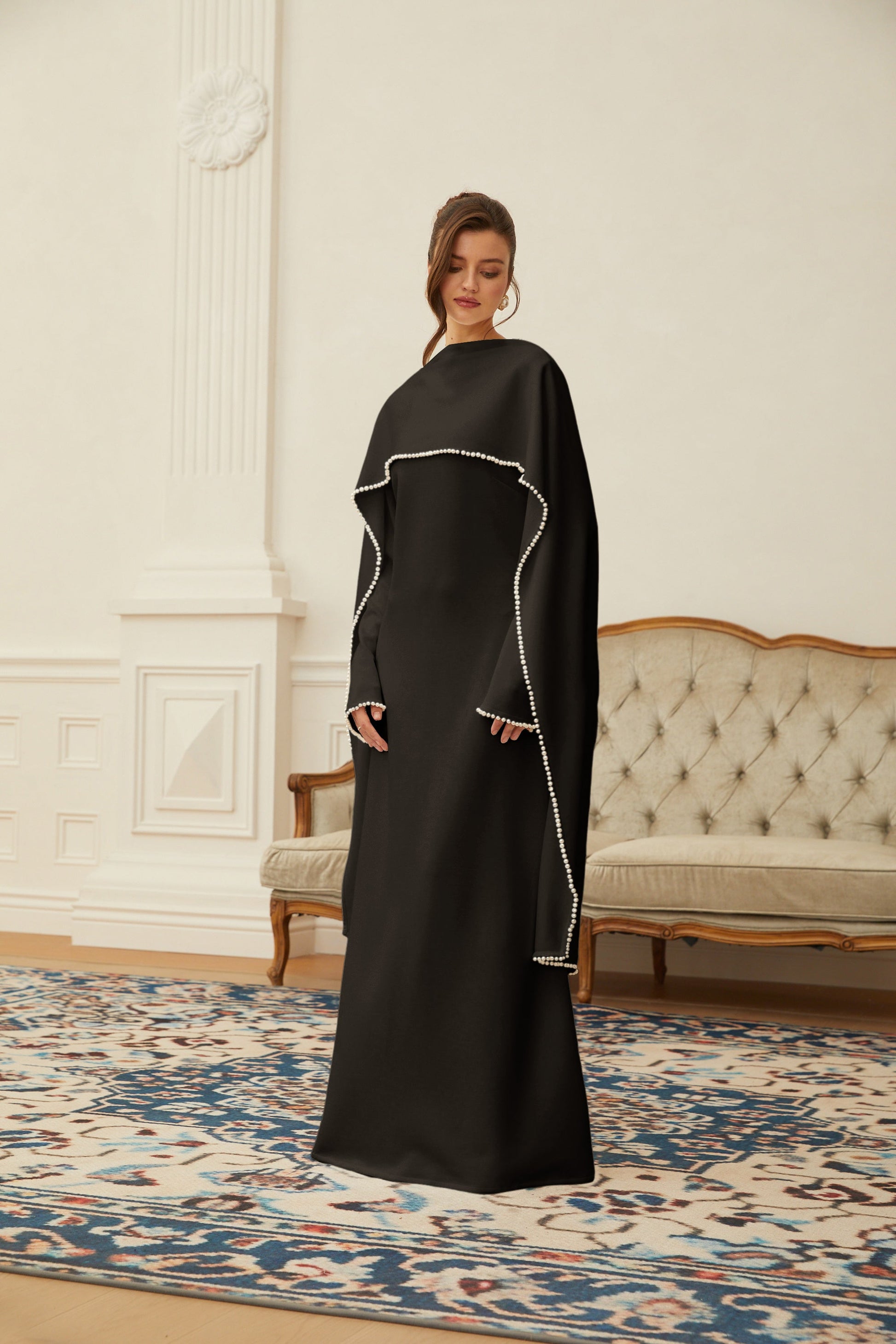 Piroska Black Pearl Trim Shawl Detail Maxi Dress - Montaracrest