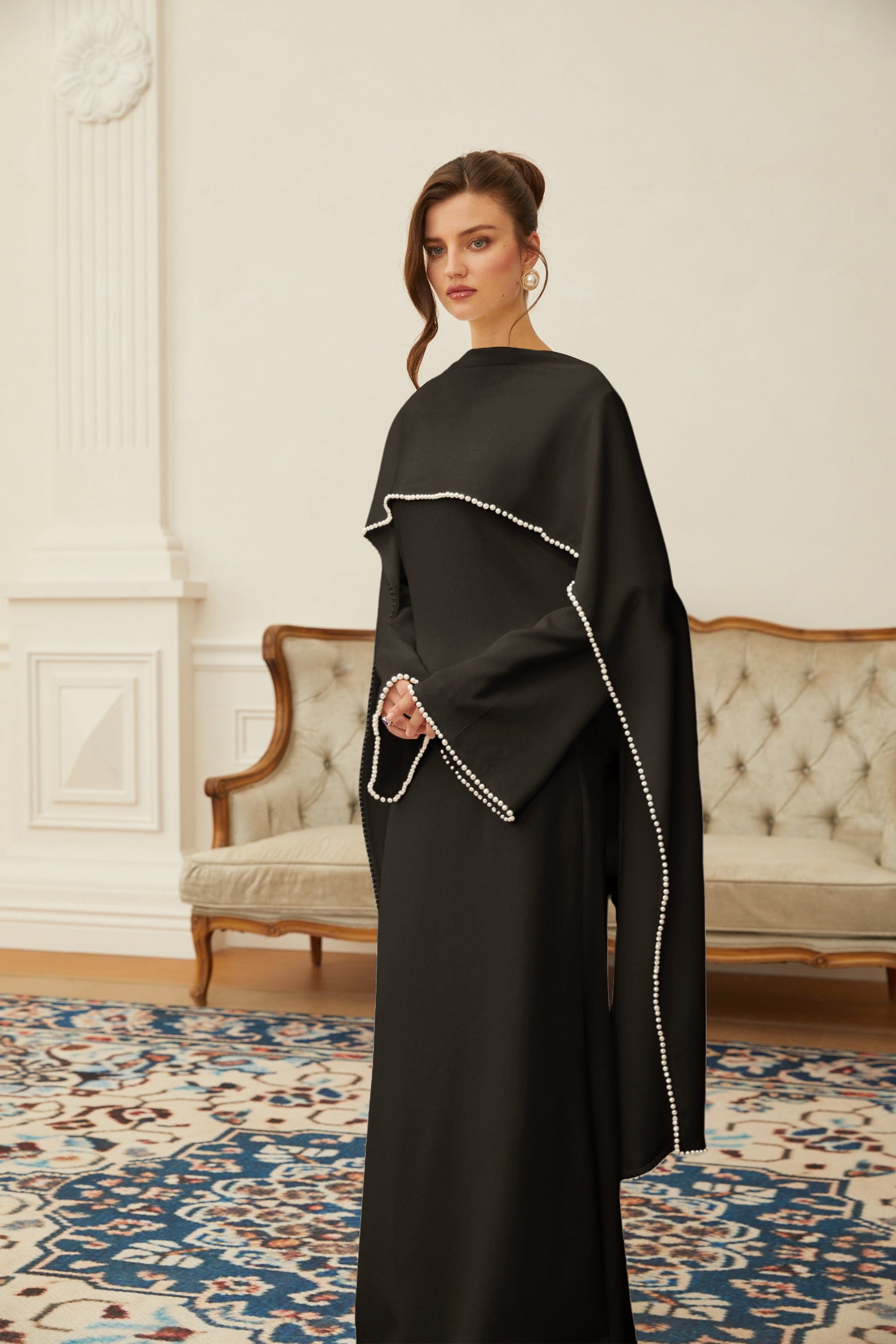 Piroska Black Pearl Trim Shawl Detail Maxi Dress - Montaracrest