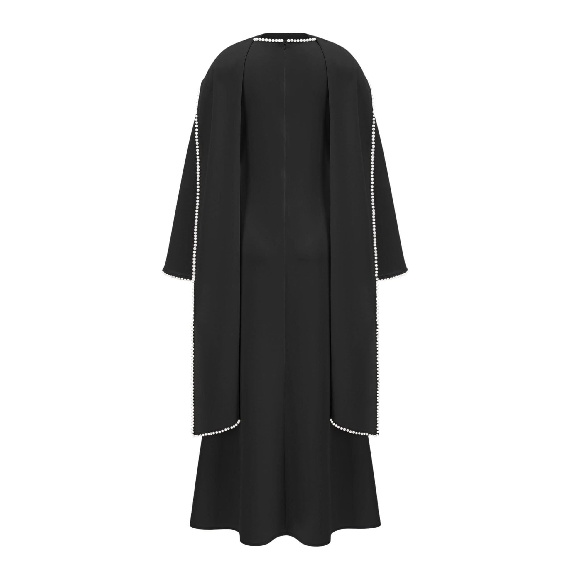 Montaracrest Piroska Black Pearl Trim Maxi Dress with shawl detail, featuring elegant black fabric and pearl embellishments.