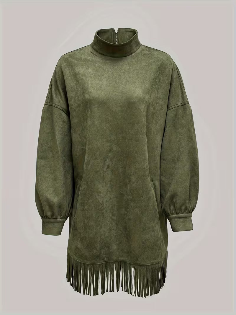 Montaracrest Amalia suede dress with high collar and fringe, showcasing its elegant design and textured fabric.