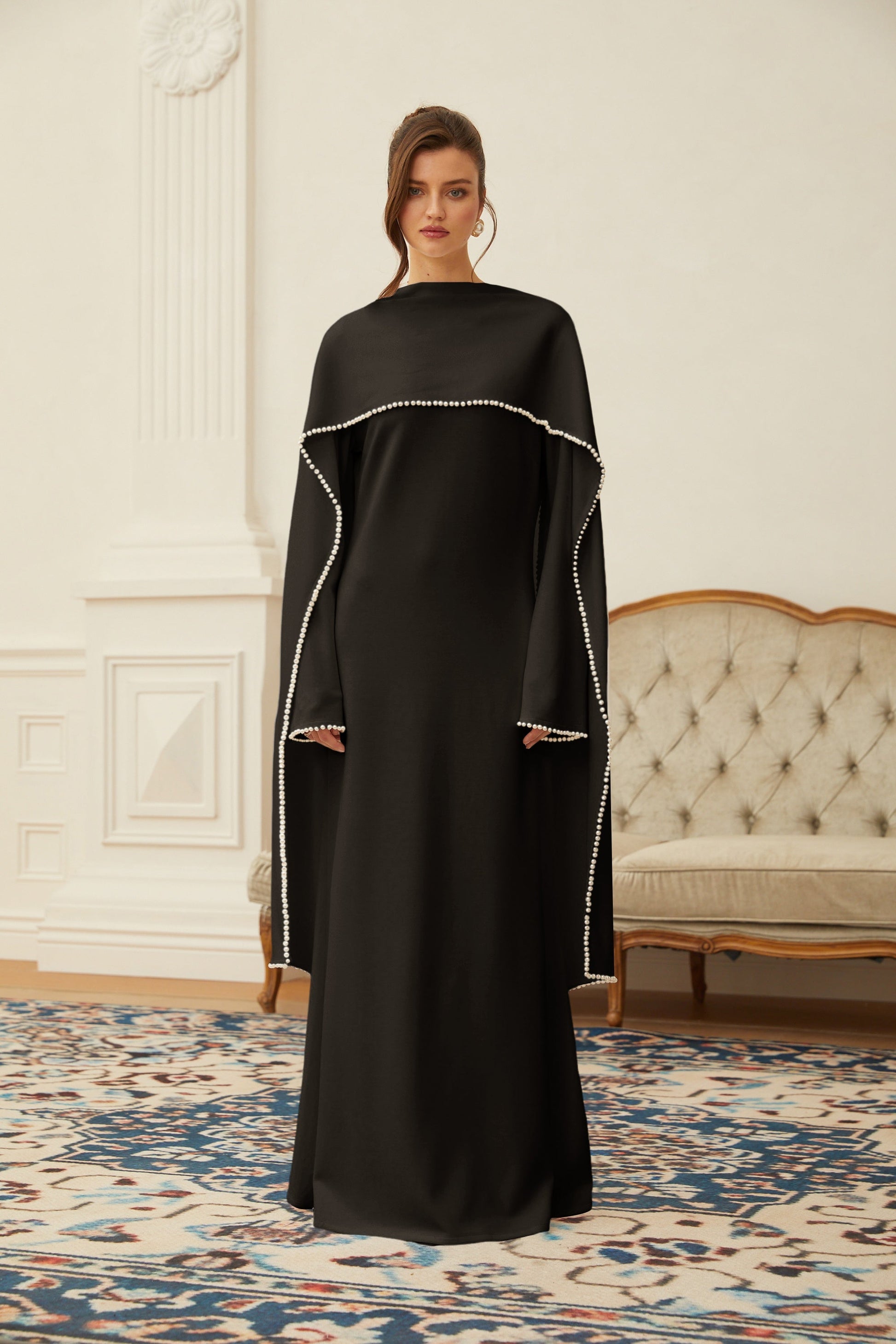 Piroska Black Pearl Trim Shawl Detail Maxi Dress - Montaracrest