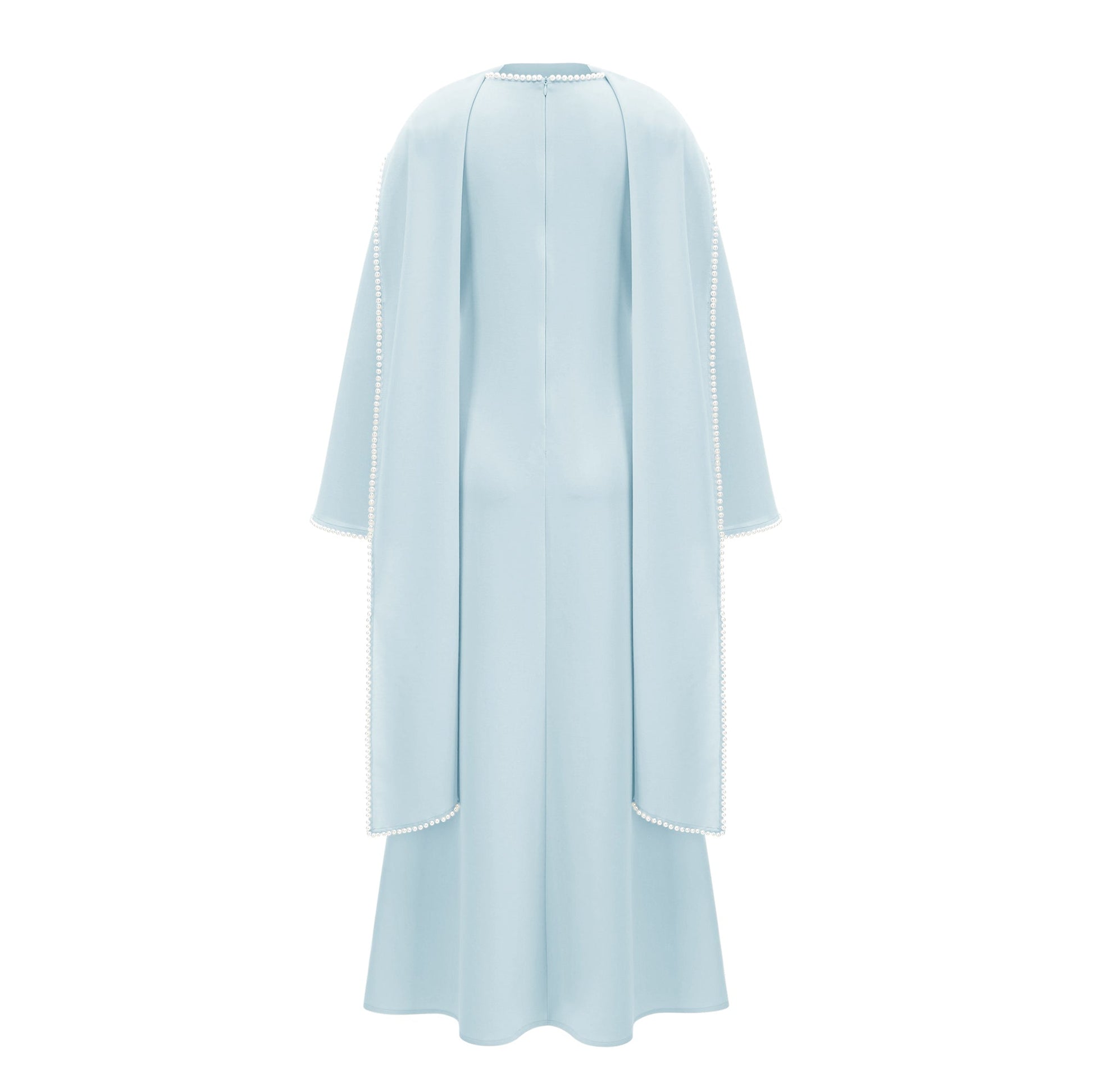 Montaracrest Piroska Blue Pearl Trim Shawl Maxi Dress showing a flowing blue dress with pearl-embellished shawl detail and elegant design.