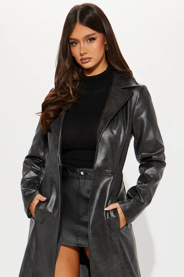 Black Faux Leather Trench Coat