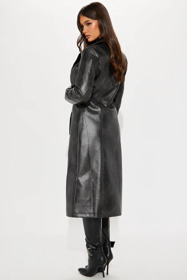 Black Faux Leather Trench Coat