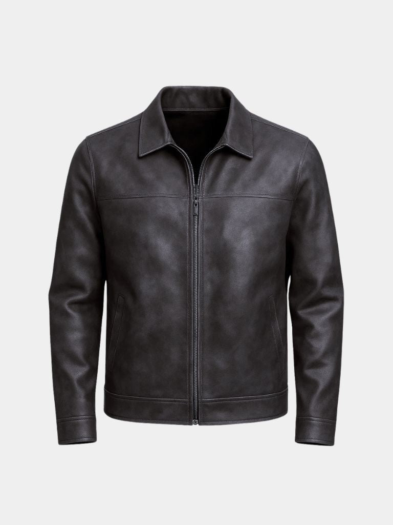 Montaracrest Regent Estate leather jacket, stylish and fitted, showing close-up of black leather exterior with zipper details.