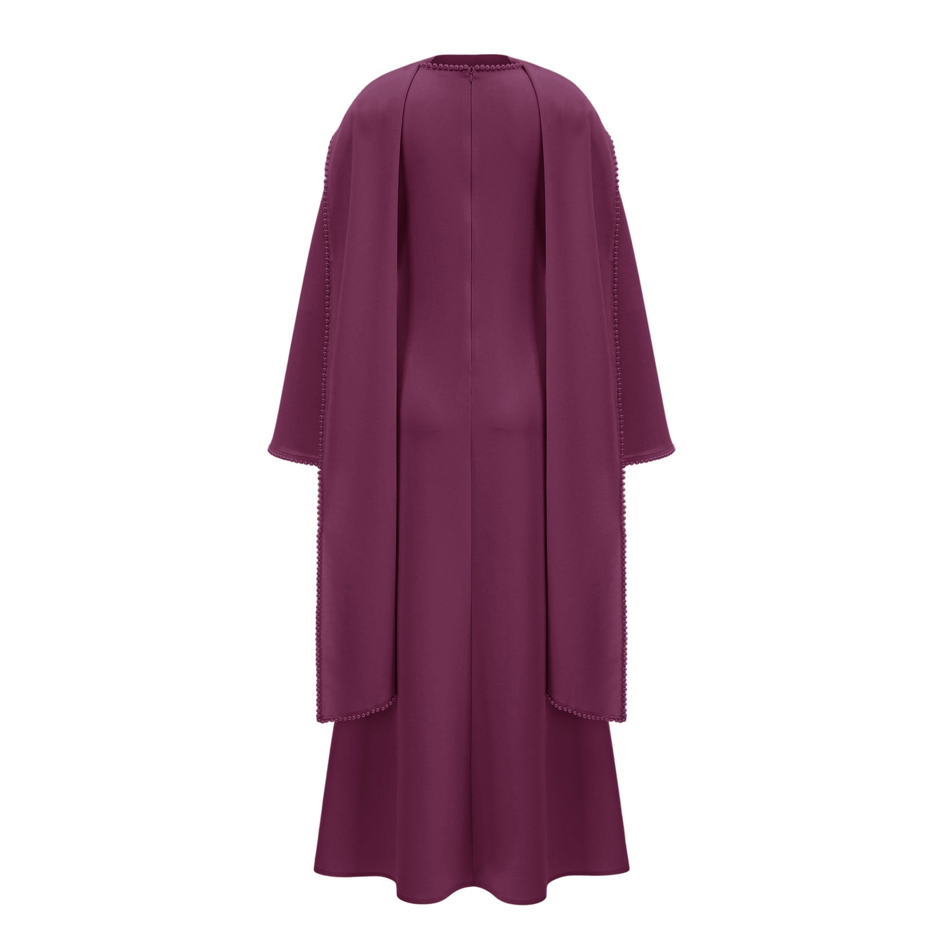 Montaracrest Piroska purple maxi dress with pearl-trim shawl details, flowing fabric and elegant design for formal occasions.