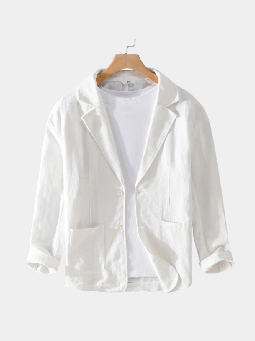 Light beige linen blazer for summer by Montaracrest, featuring a tailored fit and classic lapel design.