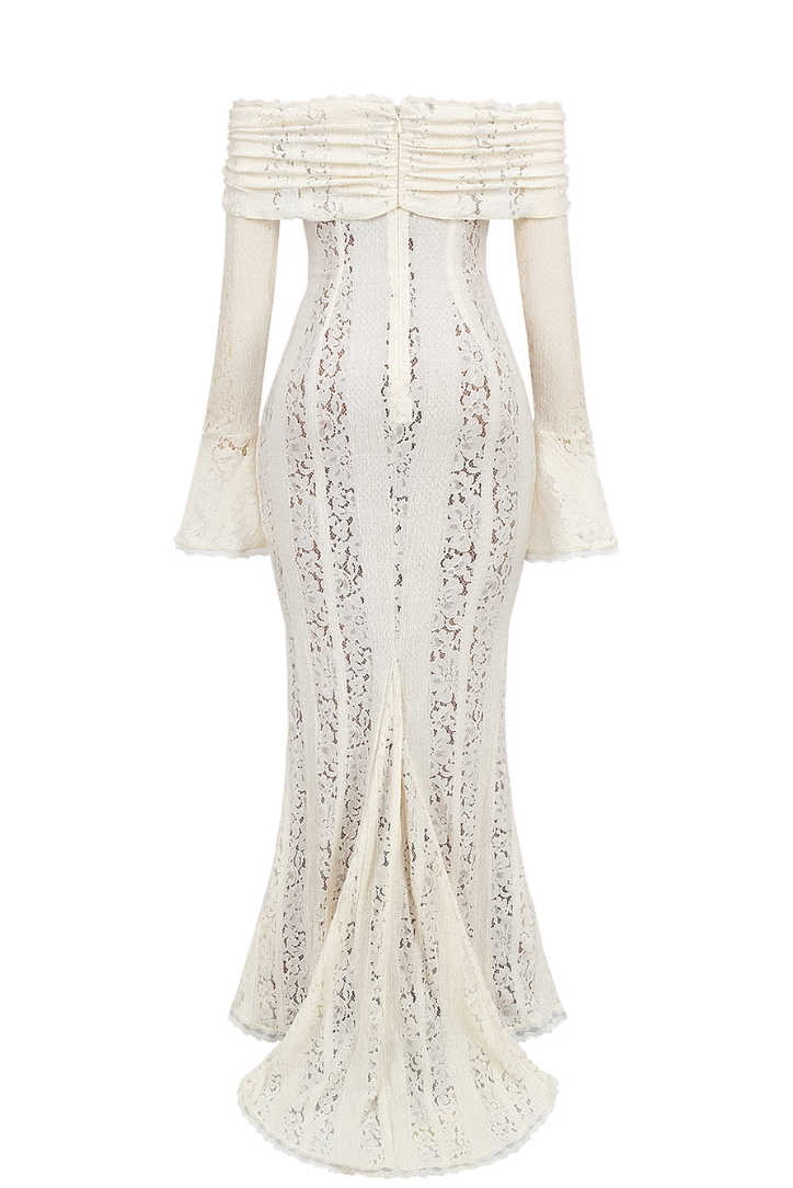 Elegant Montaracrest lace off-shoulder long-sleeve dress with a fitted silhouette and intricate lace detailing.