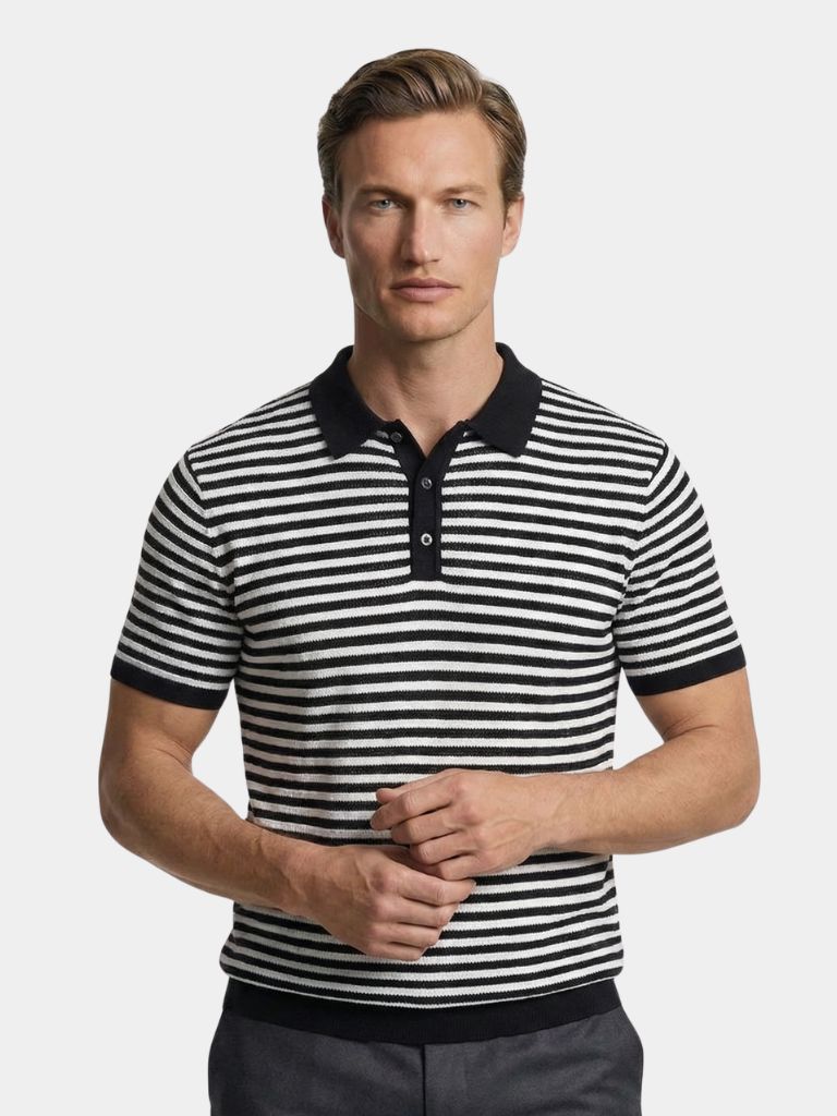 Montaracrest Polo Classica a Strisce showing a classic striped polo shirt in blue and white with a collared neckline.