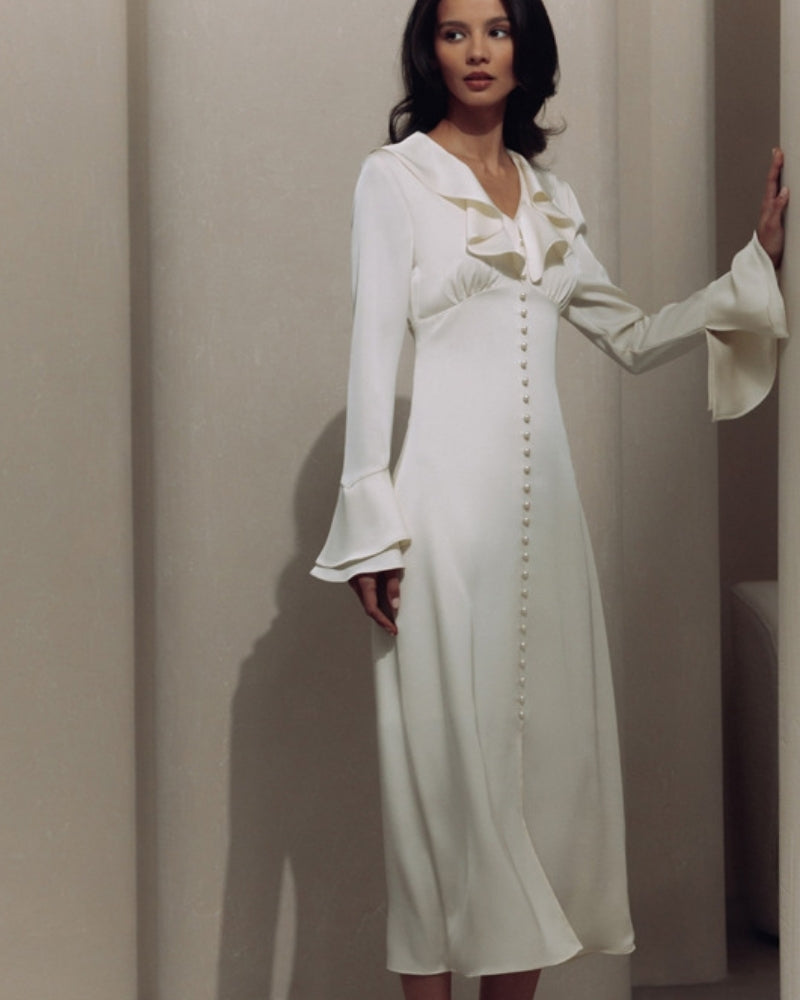 Midi Dress with Ruffles and Pearl Buttons
