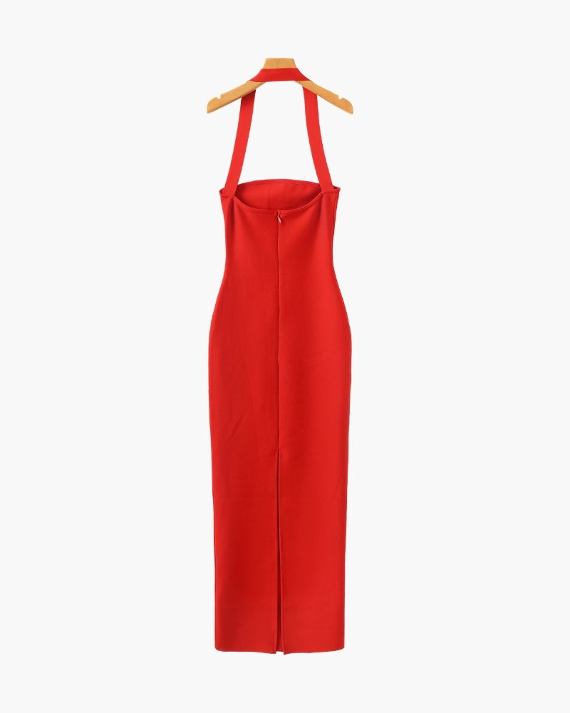 Montaracrest maxi slim fit dress with halter neckline, flowing fabric, and elegant design ideal for summer occasions.