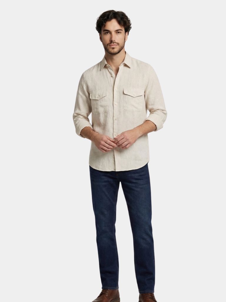 Montaracrest long-sleeve shirt, casual button-up with collar, light fabric, shown on a hanger against a white background.