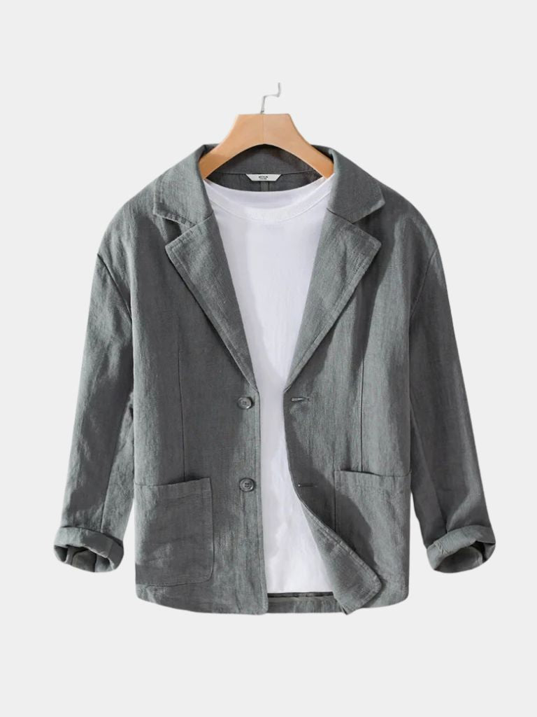Light beige linen blazer for summer by Montaracrest, stylish men's blazer with a tailored fit and classic lapel.