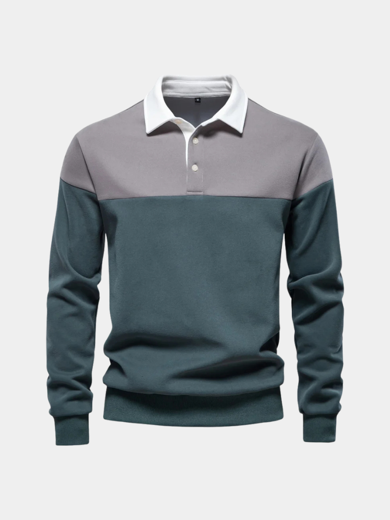 Montaracrest alpine zip-up polo pullover in navy with a high collar and front zipper showing a casual, stylish look.
