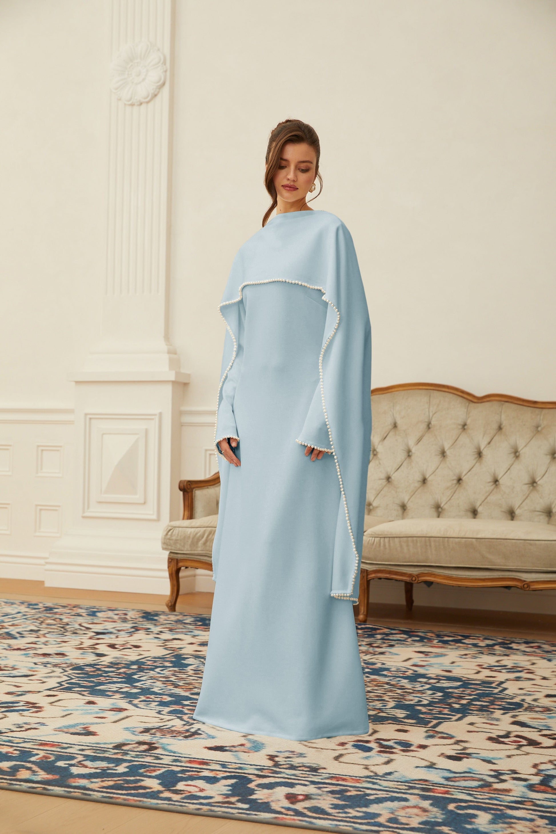 Piroska Blue Pearl Trim Shawl Detail Maxi Dress - Montaracrest