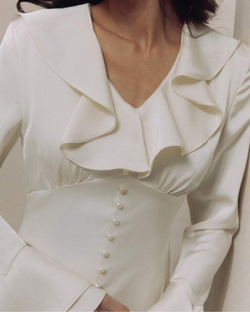 Midi Dress with Ruffles and Pearl Buttons