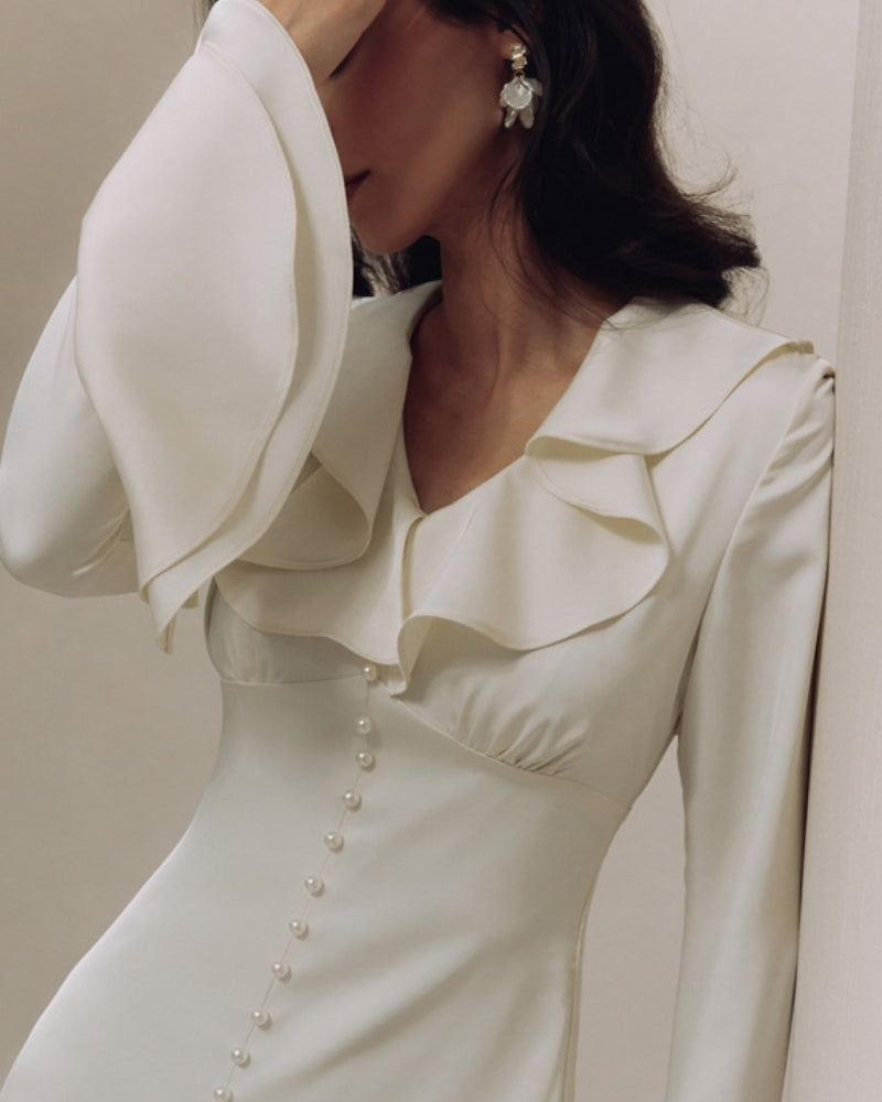 Midi Dress with Ruffles and Pearl Buttons