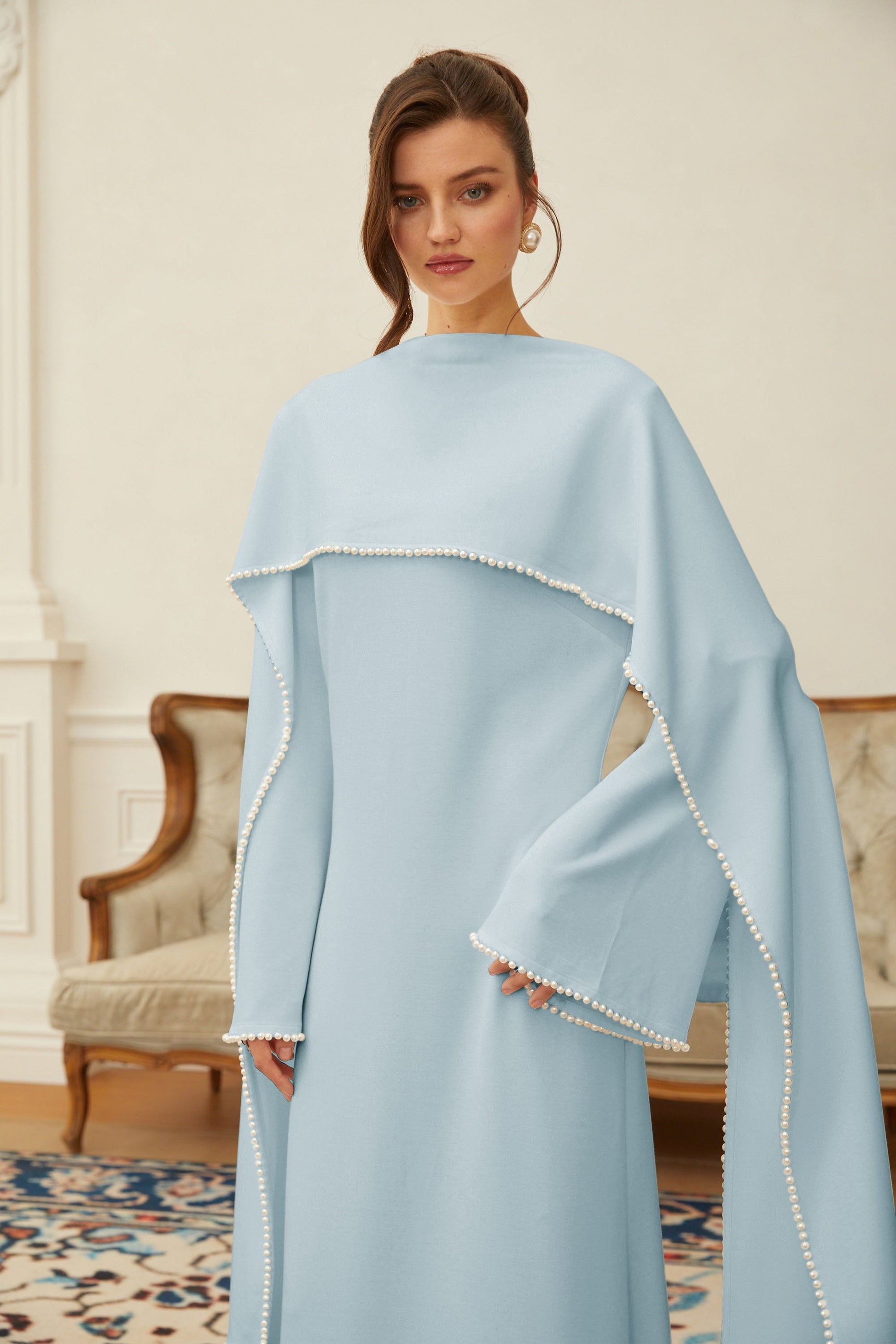Piroska Blue Pearl Trim Shawl Detail Maxi Dress - Montaracrest