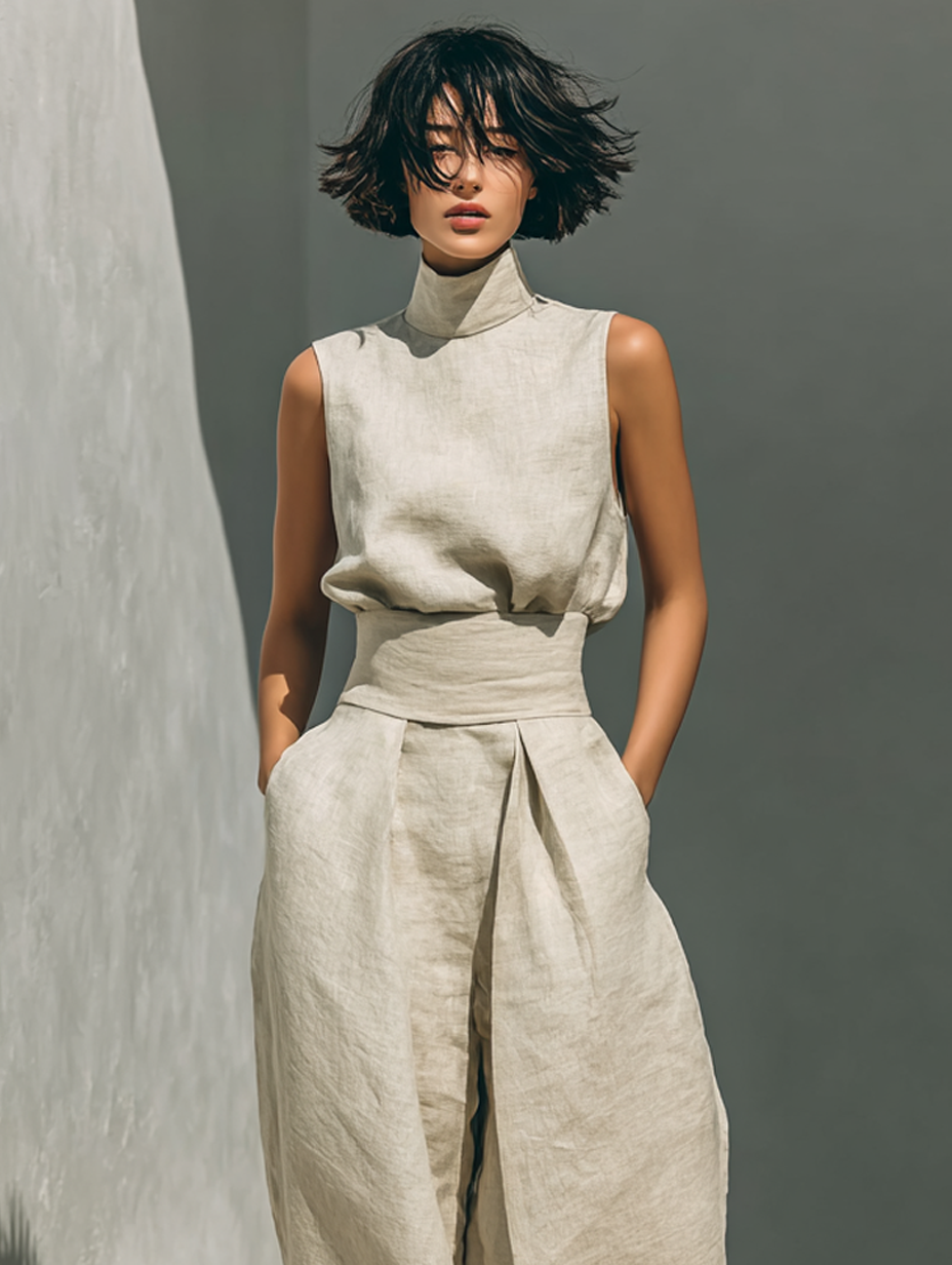 Montaracrest Maria women's minimalist cotton and linen canotta top with wide pants, casual and comfortable summer outfit.
