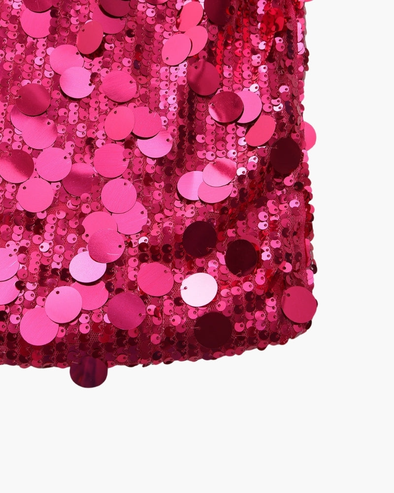 Shiny mini party dress with glittering sequins from Montaracrest, featuring a fitted design and stylish party-ready look.