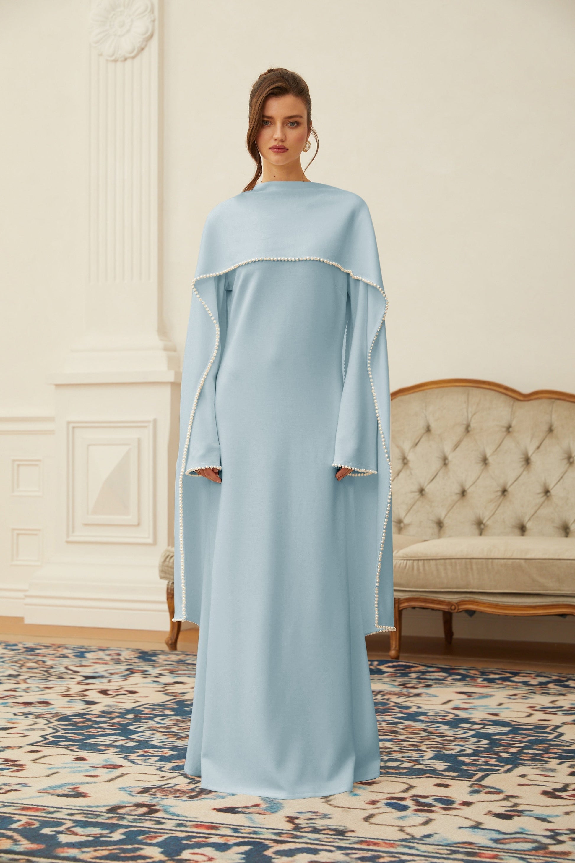 Piroska Blue Pearl Trim Shawl Detail Maxi Dress - Montaracrest