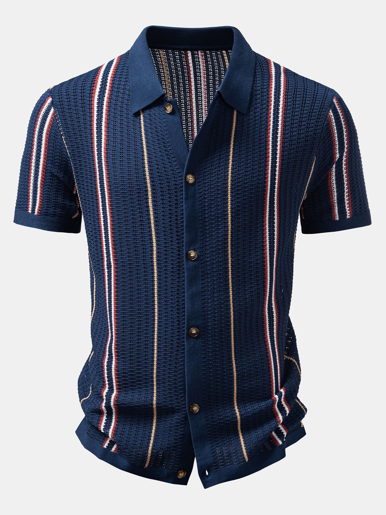 Striped Crochet Button-Up Shirt with Straight-Leg Linen Trousers