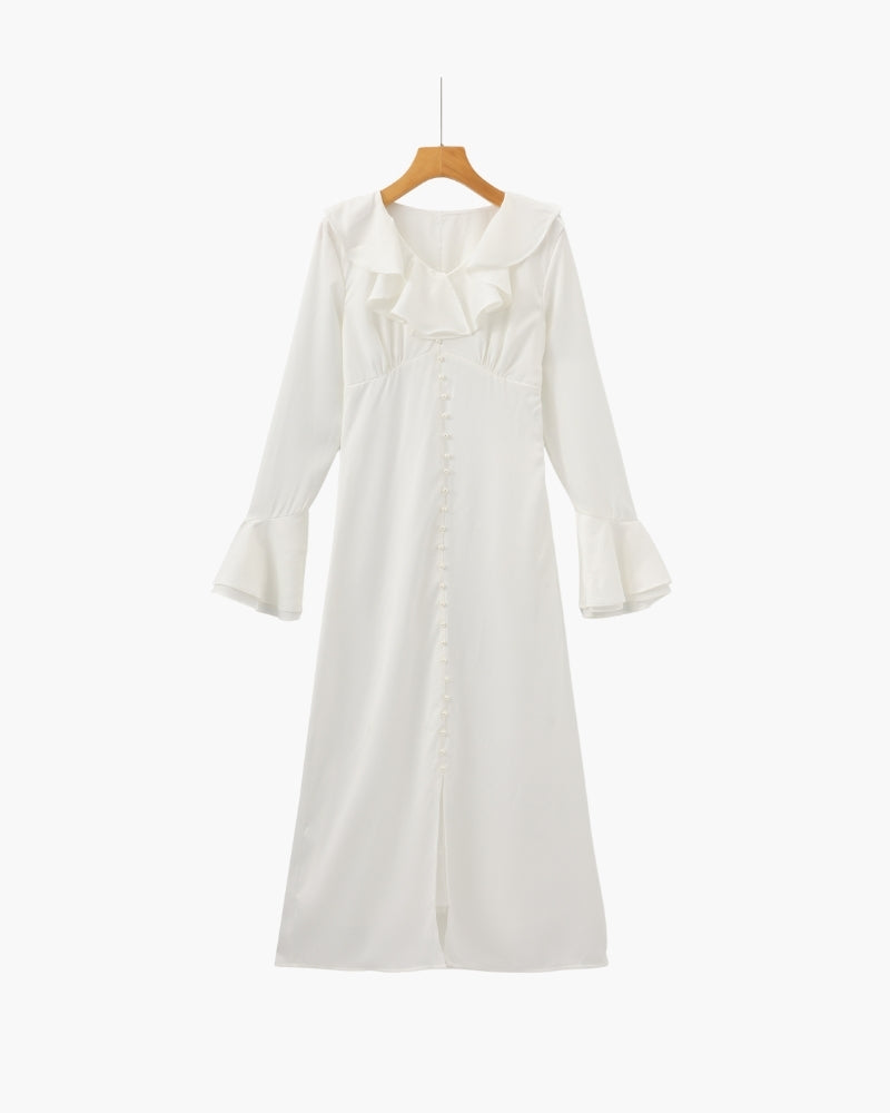 Midi Dress with Ruffles and Pearl Buttons