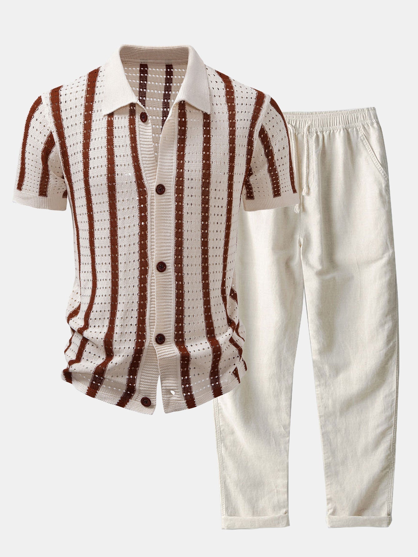 Striped Shirt Featuring Knitted Eyelets & Straight-Leg Linen Trousers