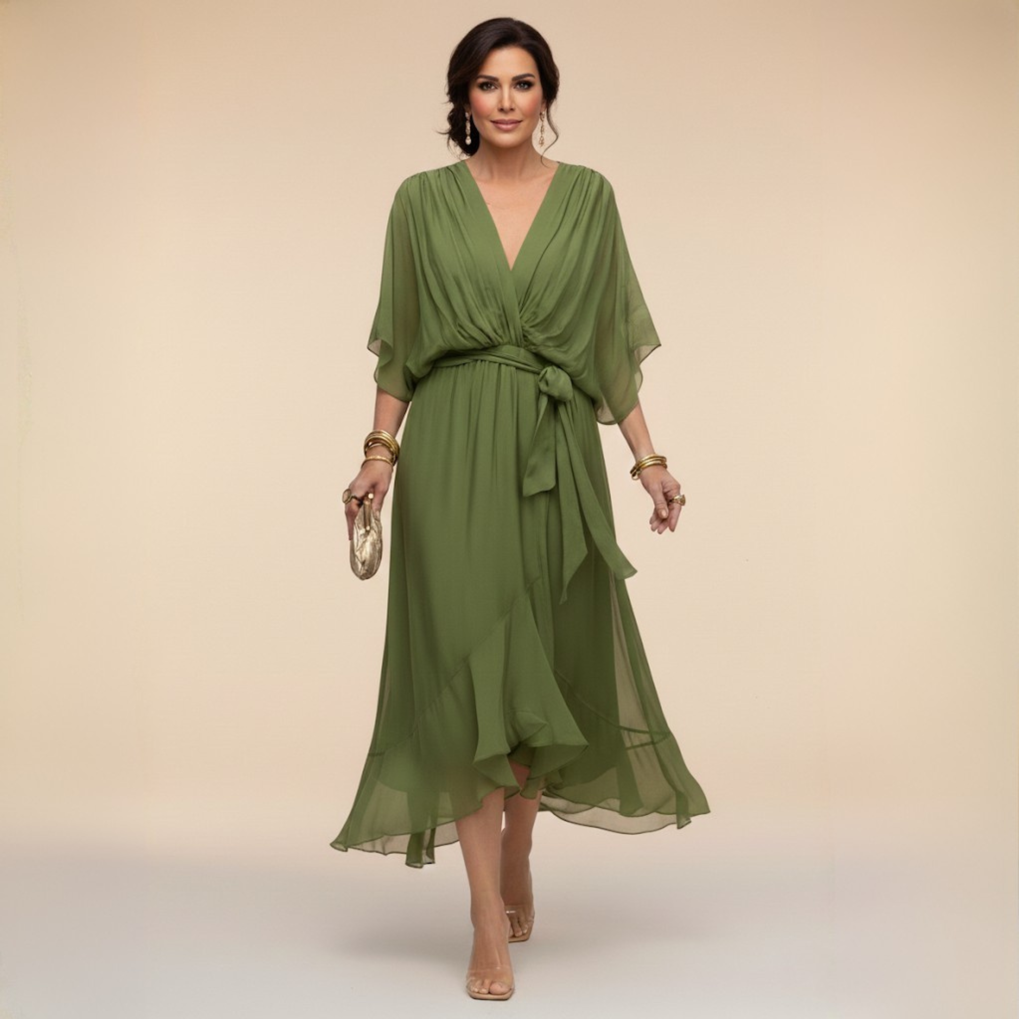 Montaracrest Monica chiffon dress with V-neckline, flowing fabric, and elegant design for stylish occasions.