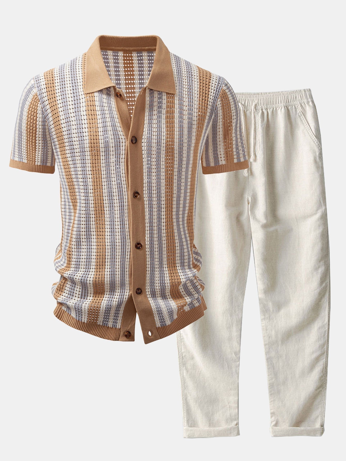 Striped Shirt Featuring Crochet Eyelets & Straight-Leg Linen Trousers