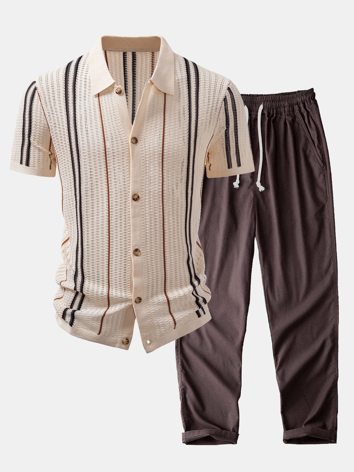 Striped Crochet Shirt with Buttons & Straight Leg Linen Trousers - Montaracrest