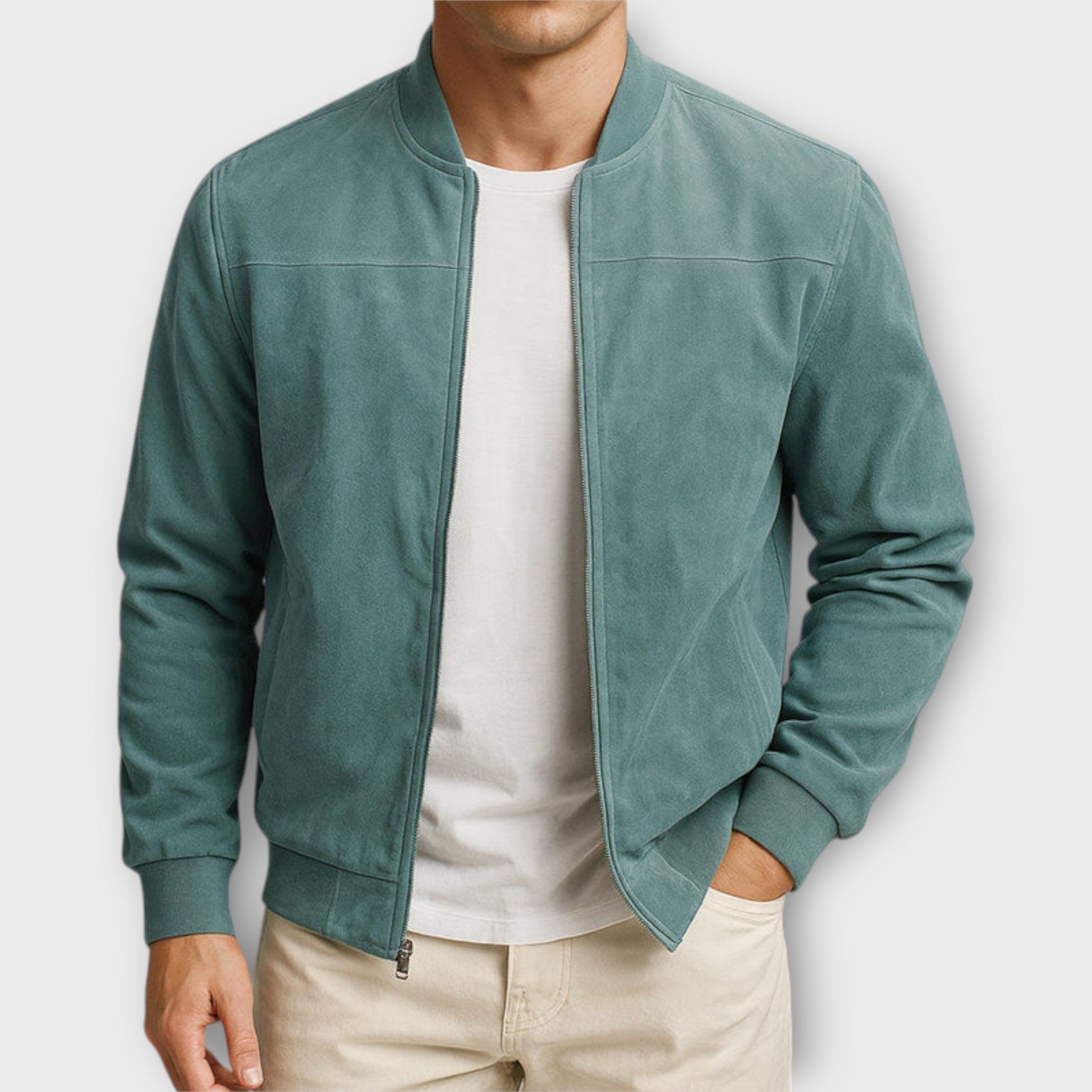 Men's Andre™ suede jacket by Montaracrest, showcasing a stylish tan leather look with a classic collar and zipper front.