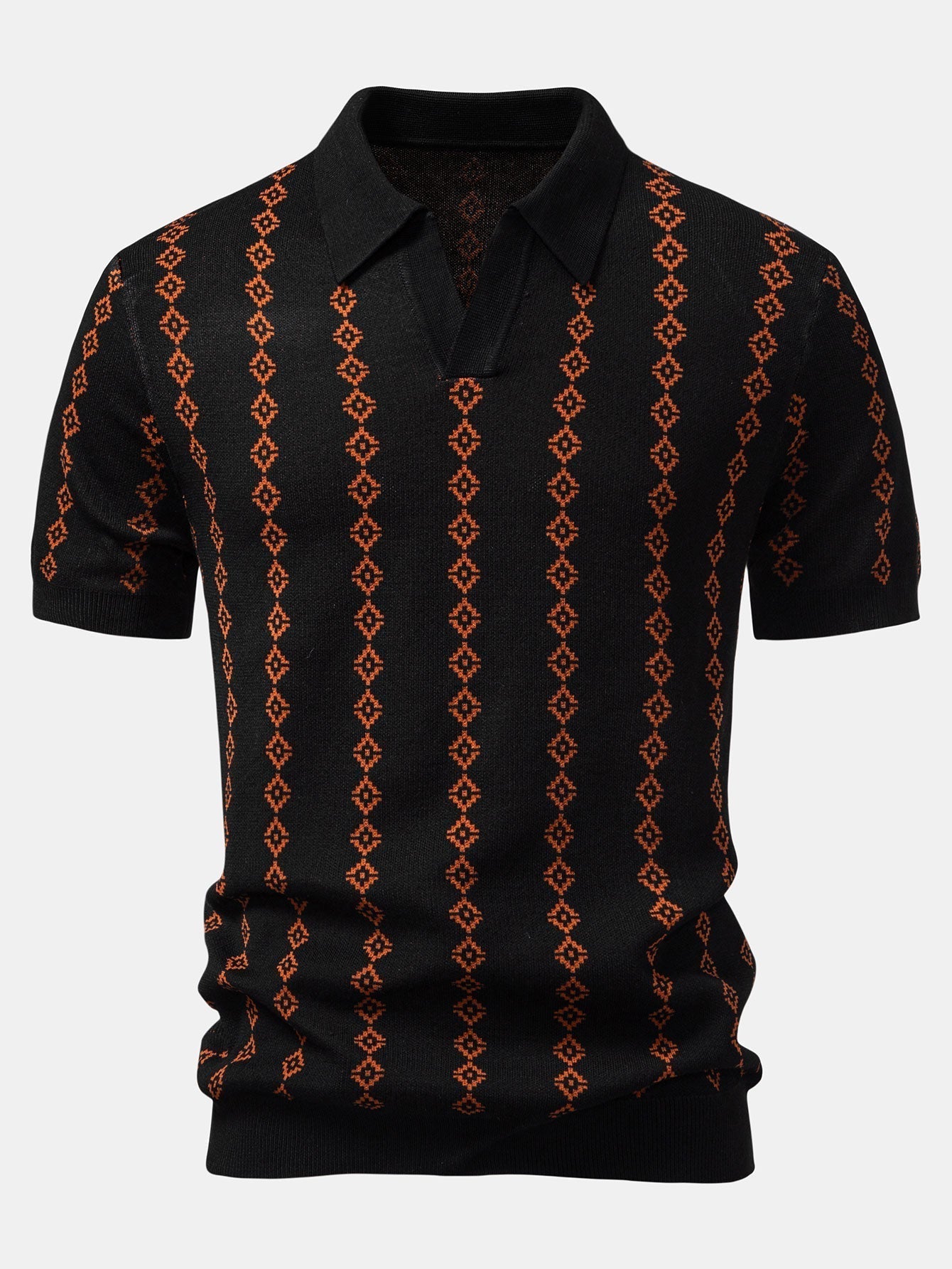 V-Neck Polo with Geometric Knit Design