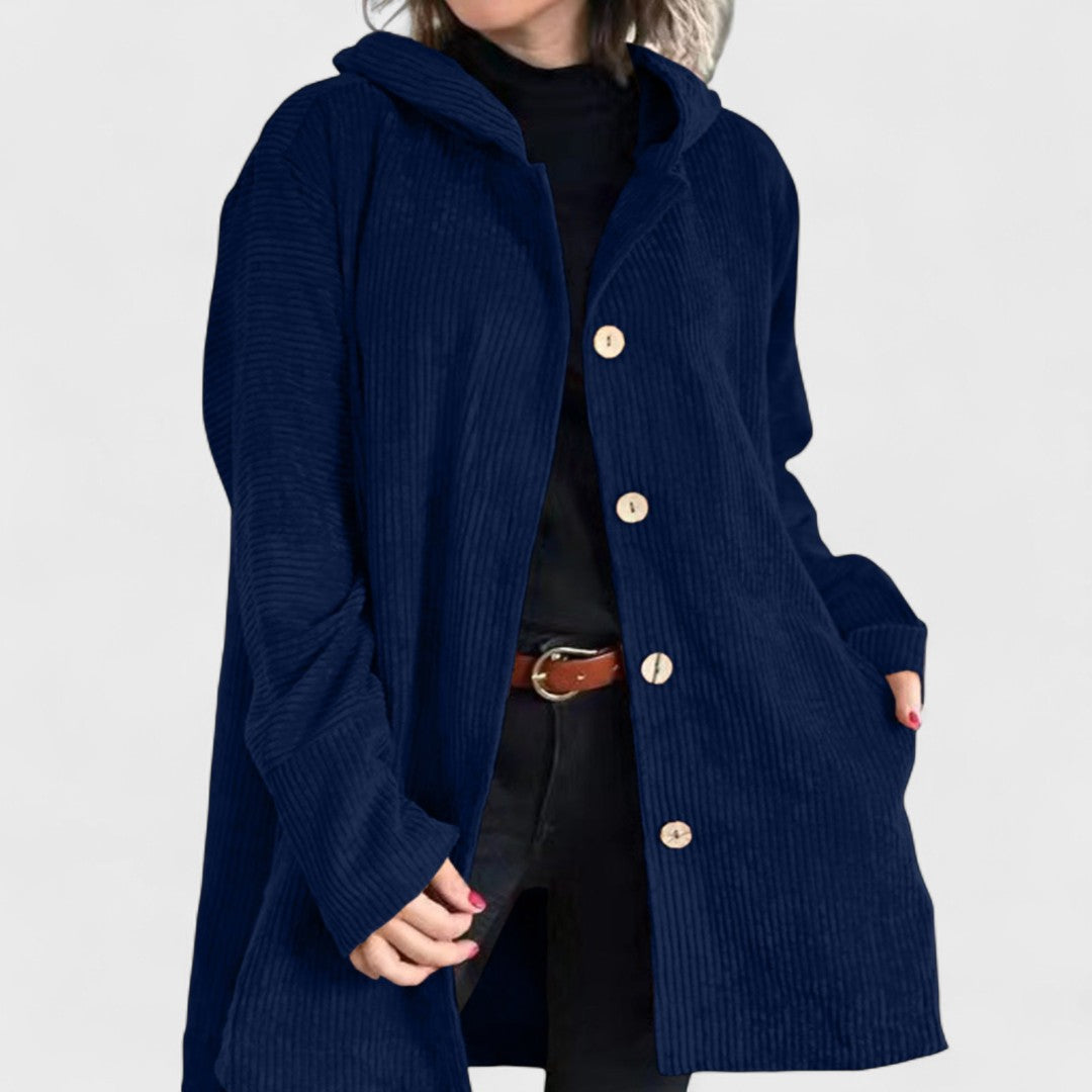 Montaracrest Cordia velvet hooded jacket with ribbed texture, stylish and cozy for casual wear.
