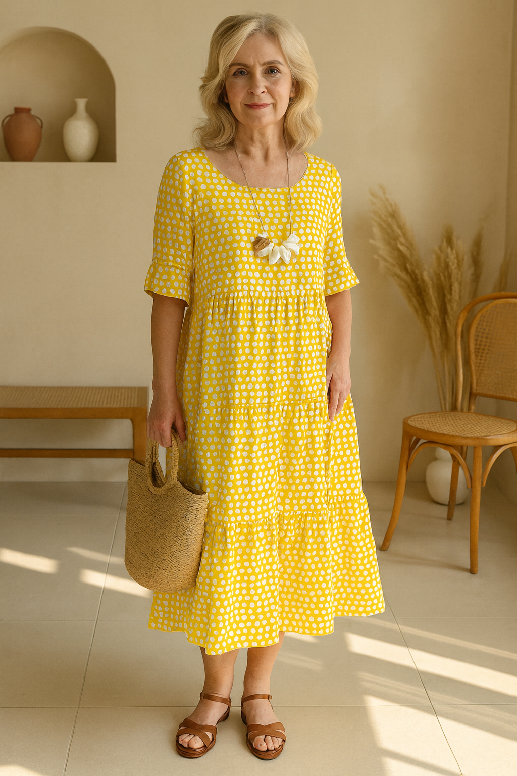 Montaracrest Iris midi dress with short sleeves in sandy beige color, elegant and stylish for warm weather.