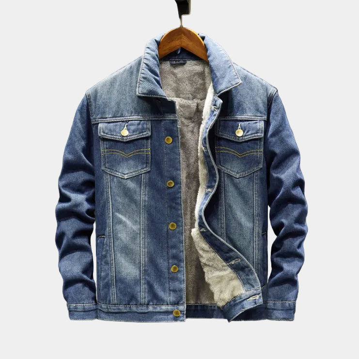Montara & Crest denim jacket with warm fleece lining, casual fit, and button closure, ideal for cold weather.
