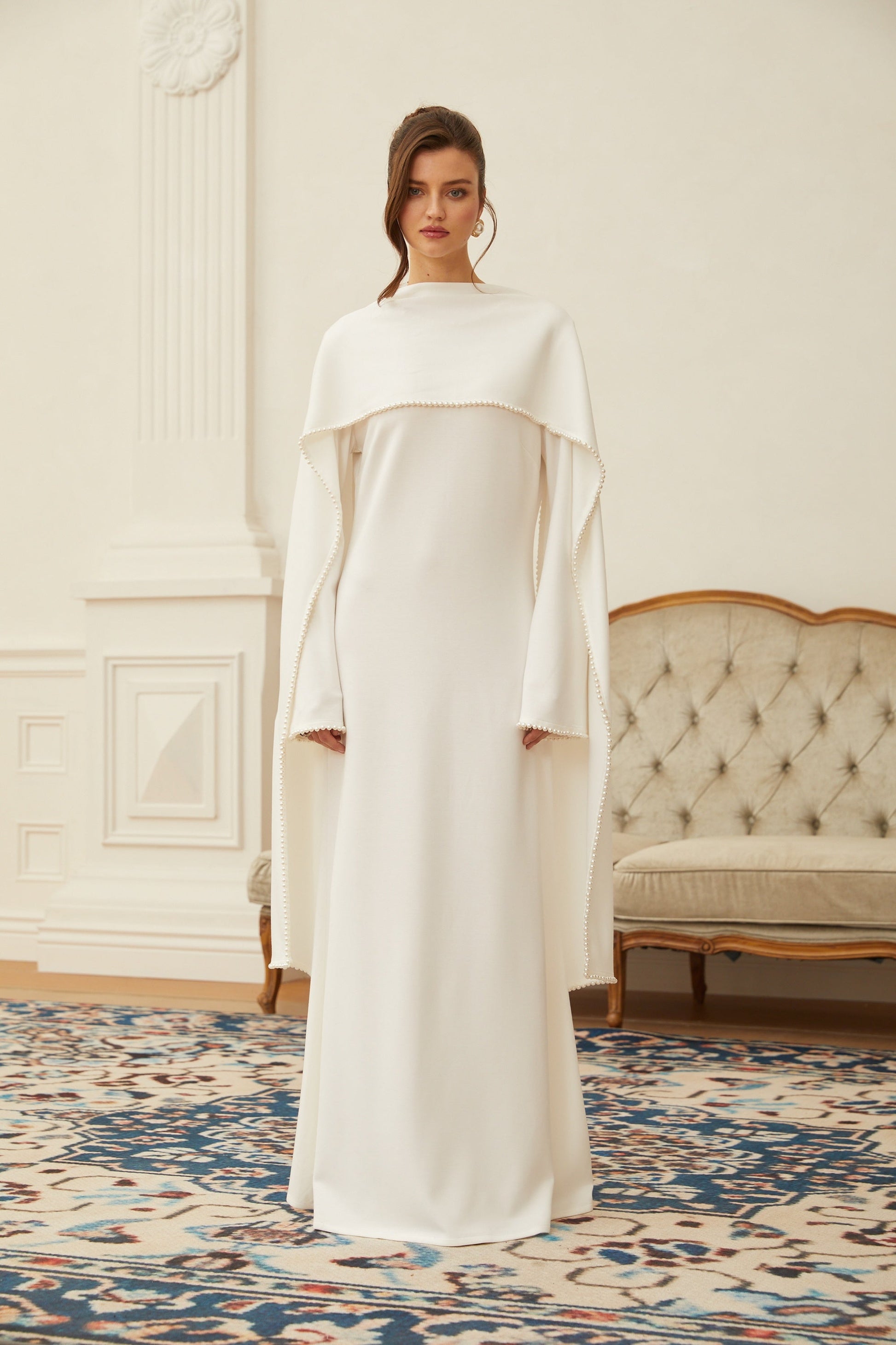 Piroska White Pearl Trim Shawl Detail Maxi Dress - Montaracrest