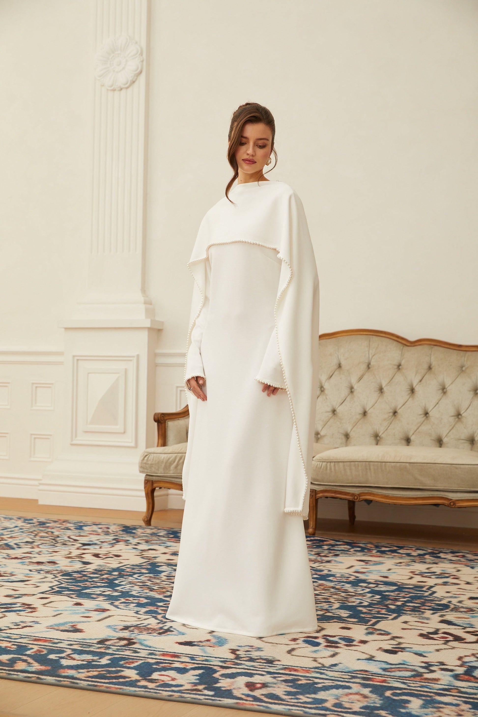 Piroska White Pearl Trim Shawl Detail Maxi Dress - Montaracrest