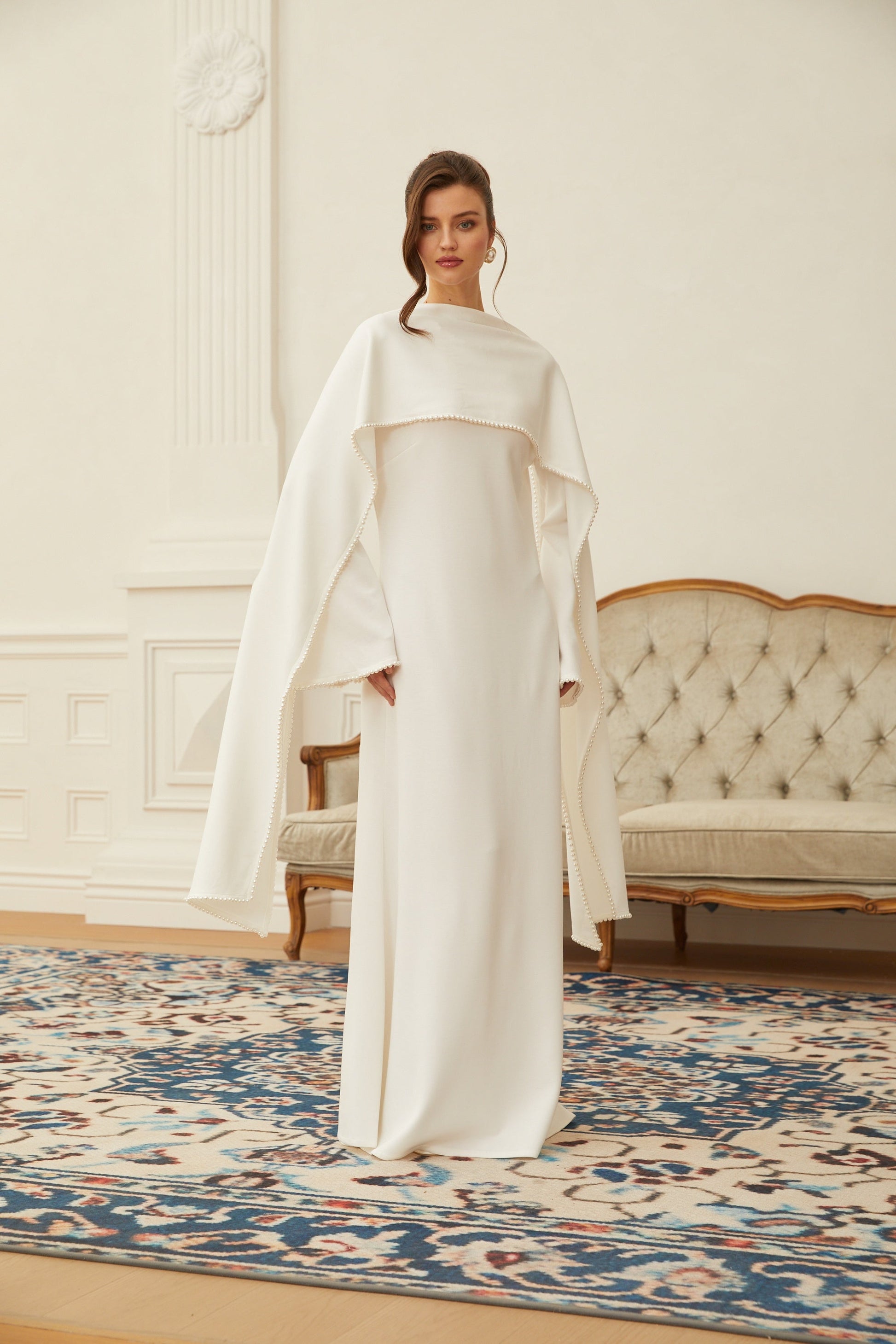 Piroska White Pearl Trim Shawl Detail Maxi Dress - Montaracrest