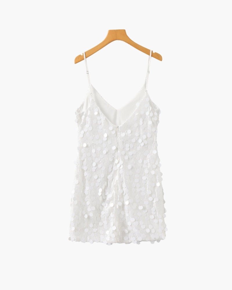 Shimmery gold mini party dress with sequins from Montaracrest, featuring a stylish and festive design for celebrations.