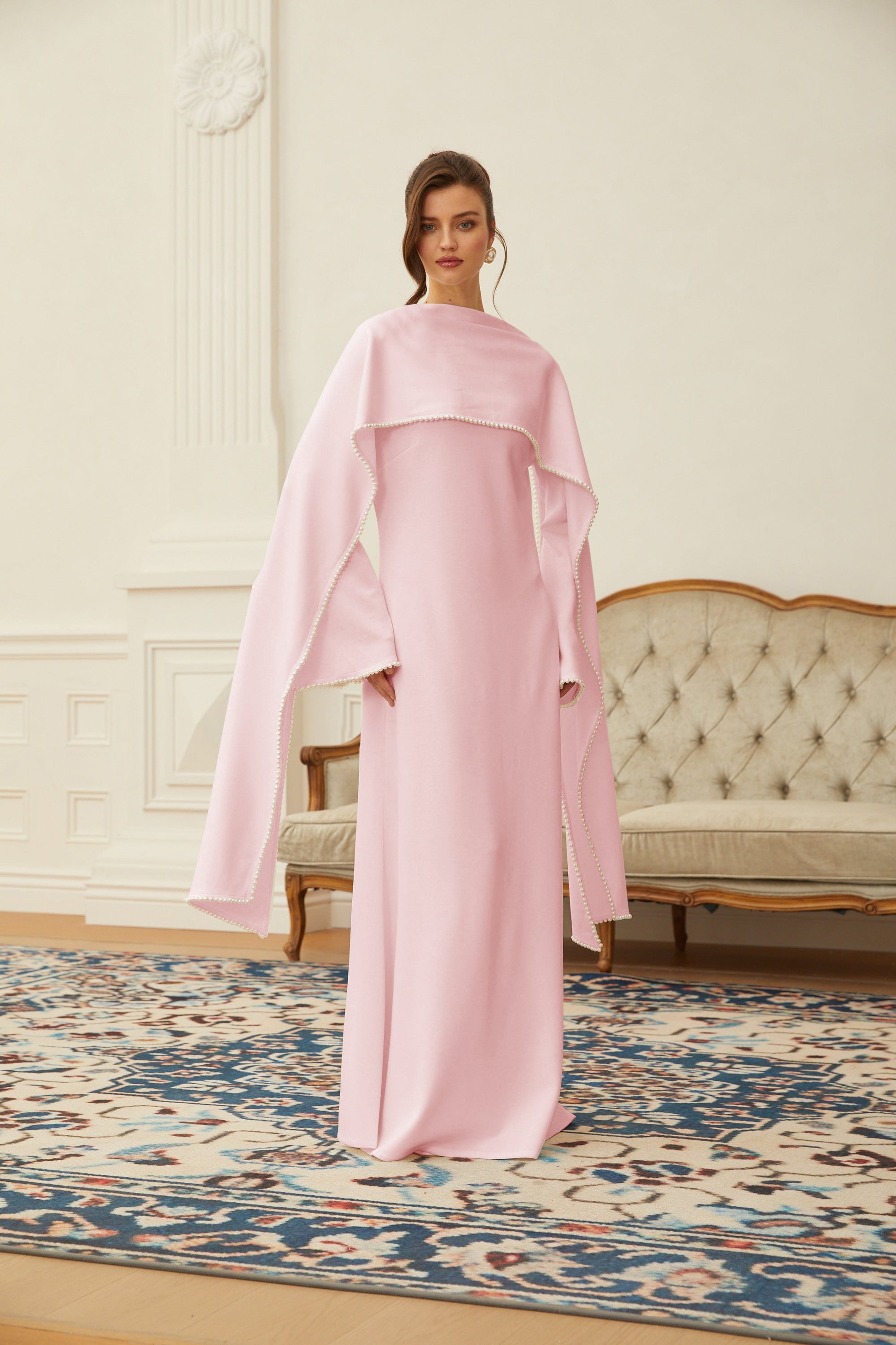 Piroska Pink Pearl Trim Shawl Detail Maxi Dress - Montaracrest