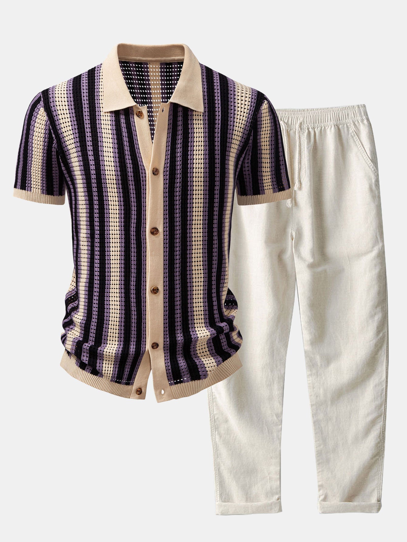 Striped Shirt Featuring Crochet Eyelets & Straight-Leg Linen Trousers