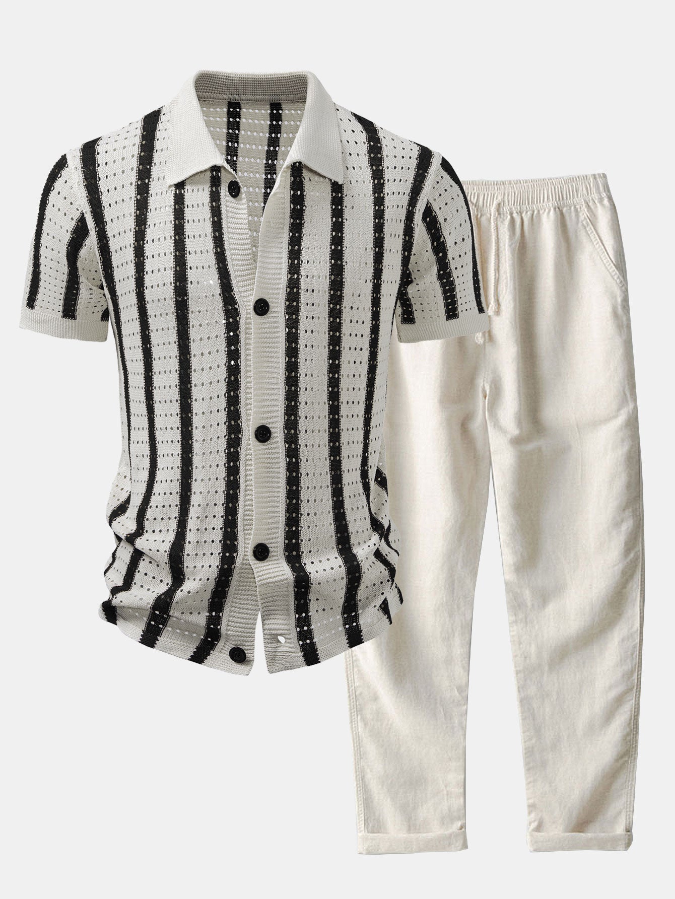 Striped Shirt Featuring Knitted Eyelets & Straight-Leg Linen Pants - Montaracrest