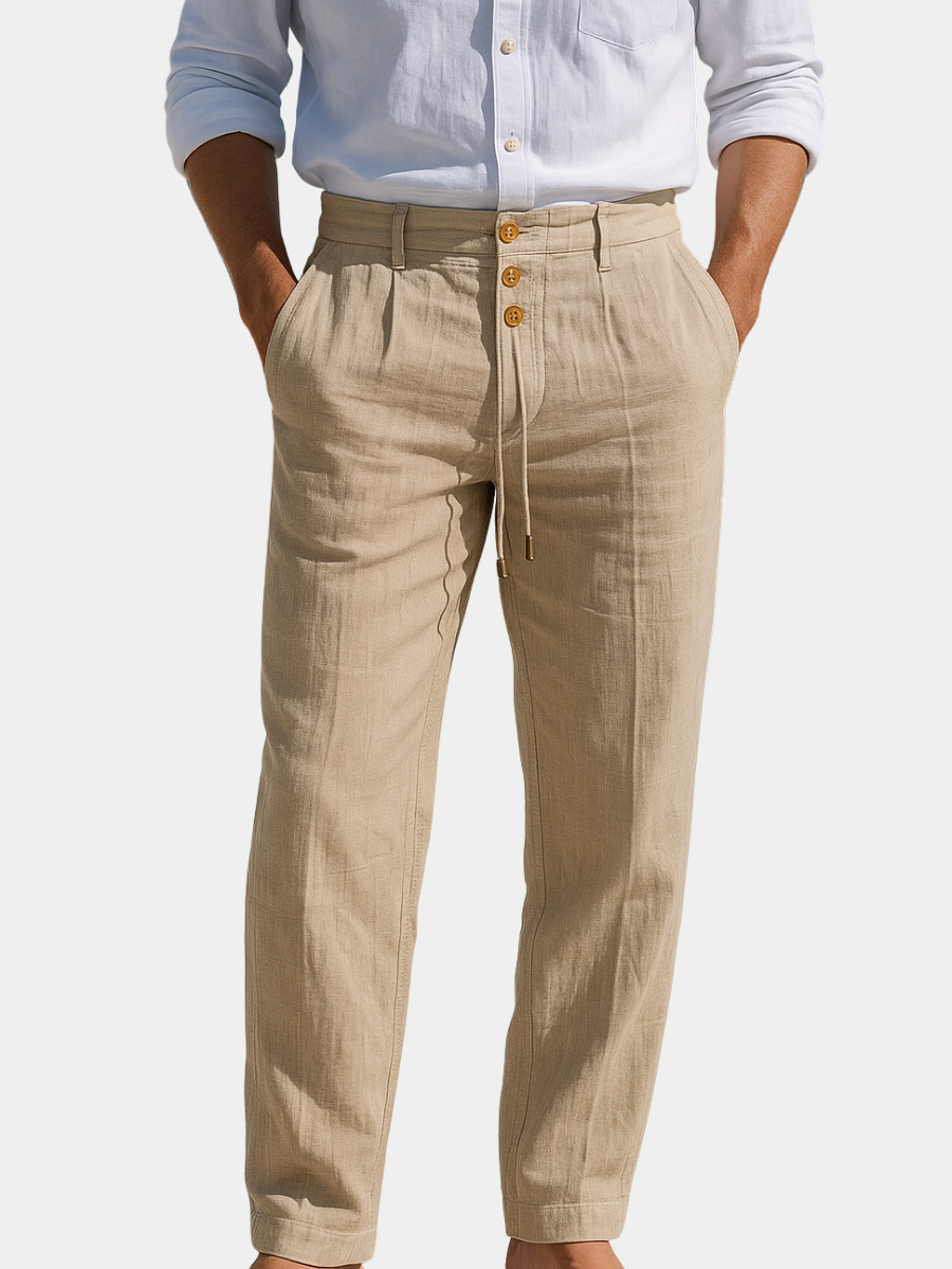 Montaracrest Matteo men's summer linen pants in light fabric, casual and comfortable for warm weather.