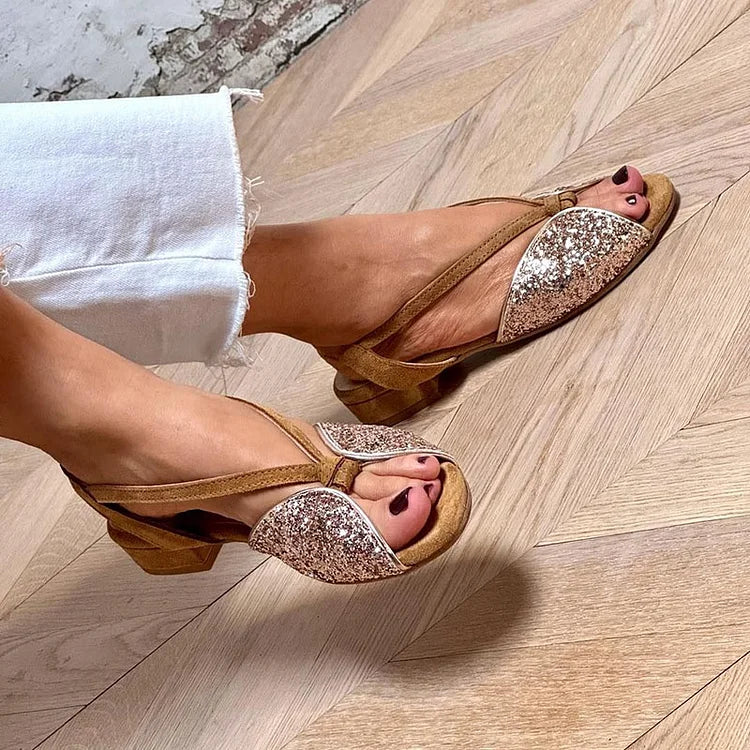 Sparkling glitter low-heel sandal by Montaracrest featuring a stylish design and comfortable fit.