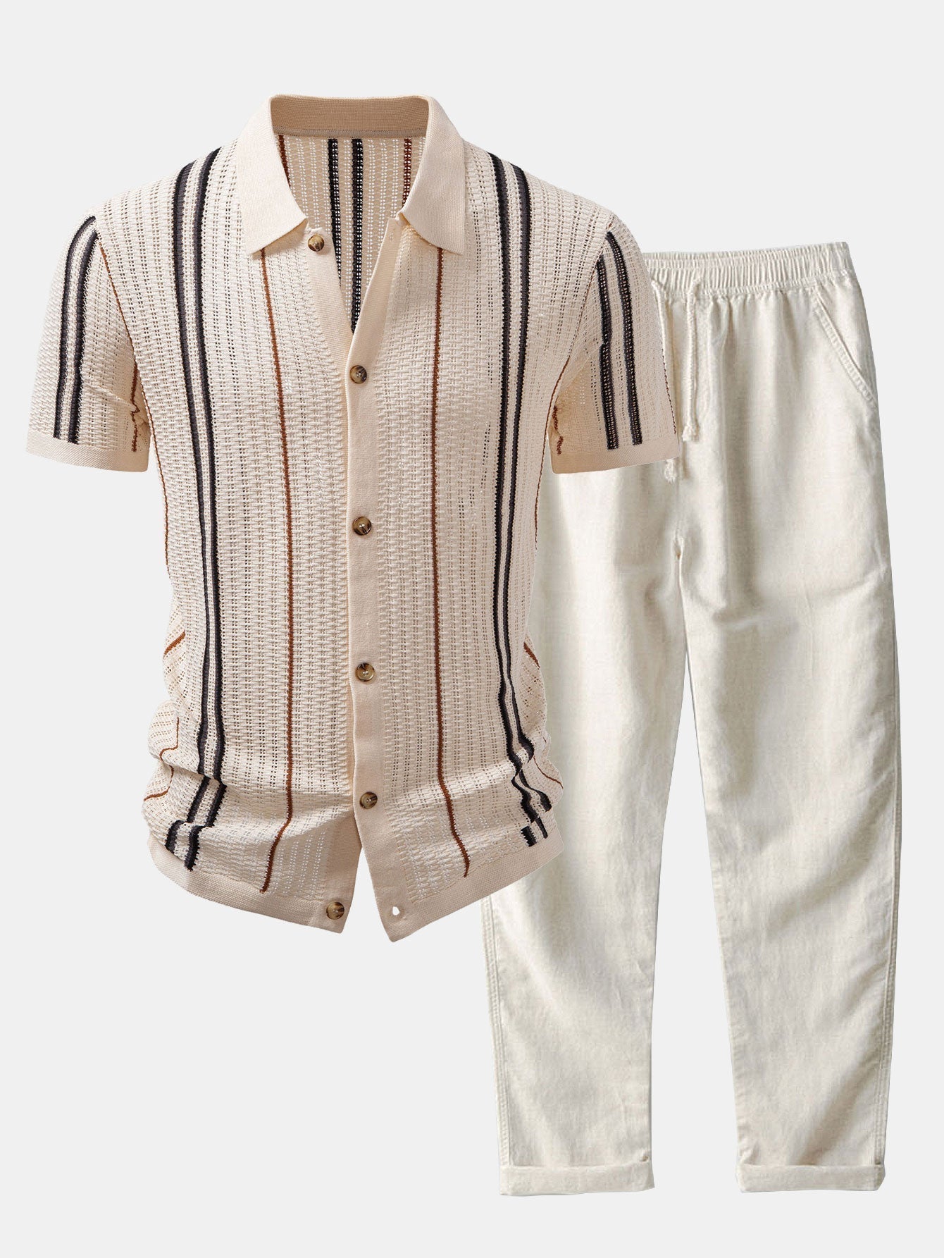 Striped Crochet Button-Up Shirt with Straight-Leg Linen Trousers