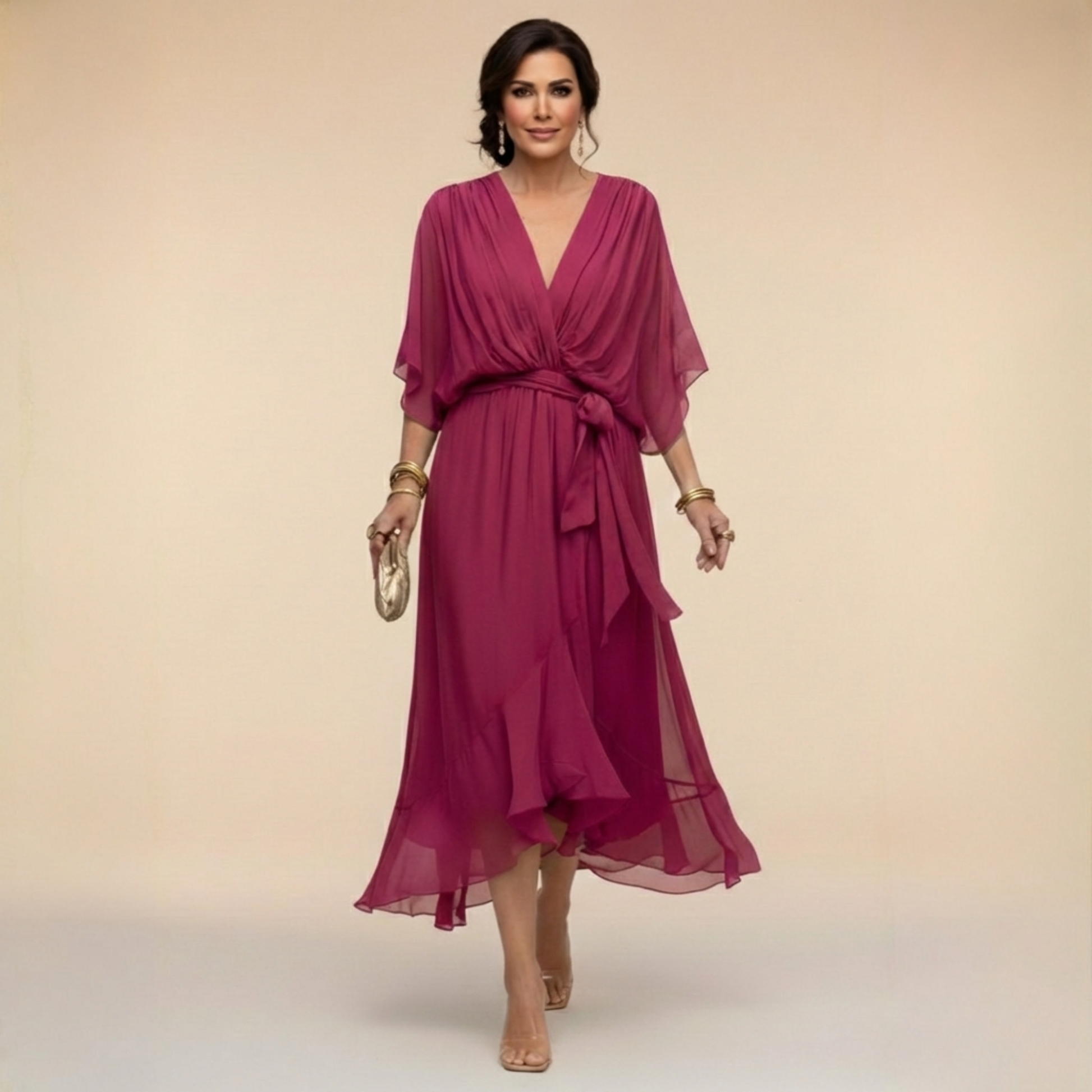 Montaracrest Monica chiffon dress with V-neckline, flowing fabric and elegant design, styled for a sophisticated look.