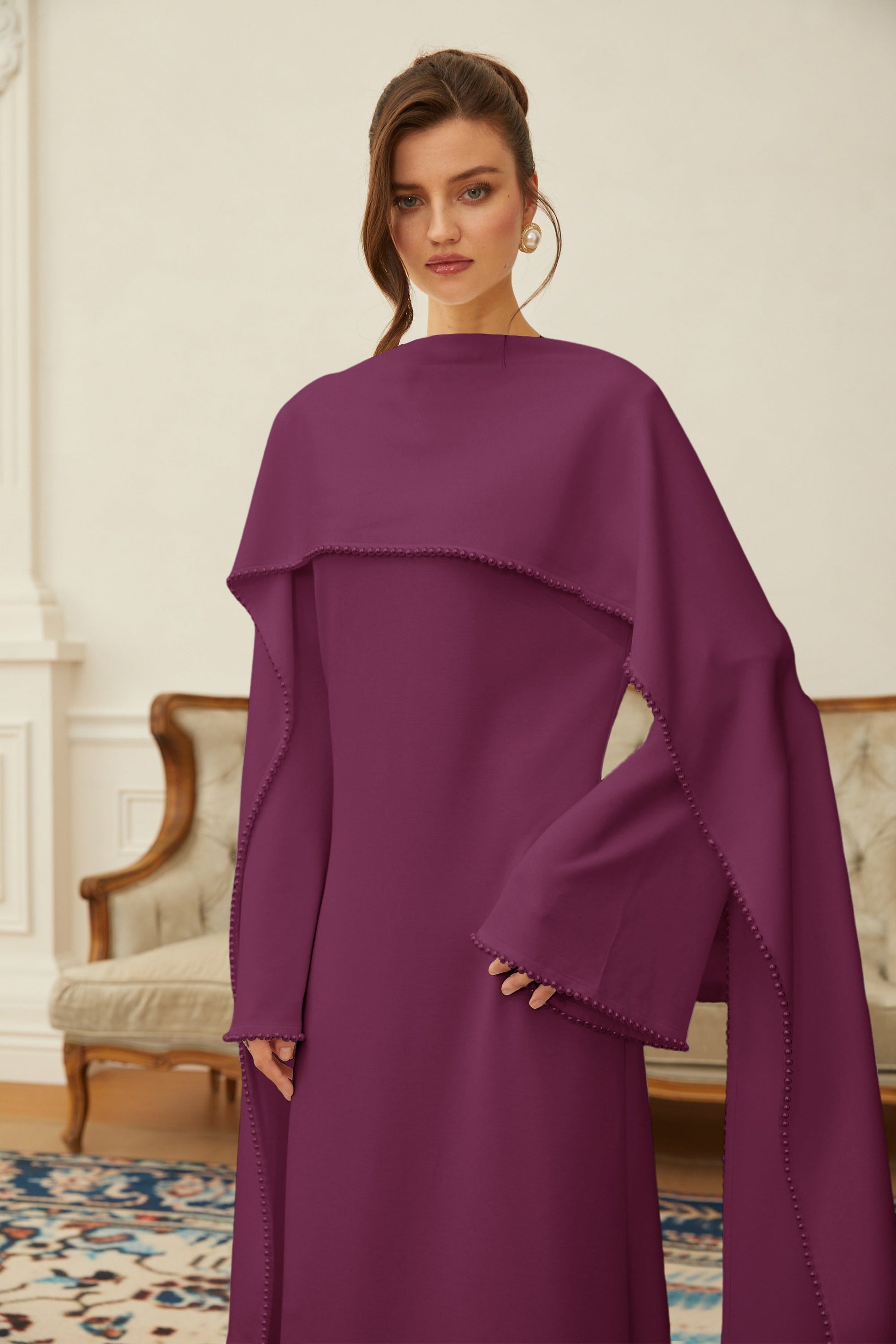 Piroska Purple Pearl Trim Shawl Detail Maxi Dress - Montaracrest