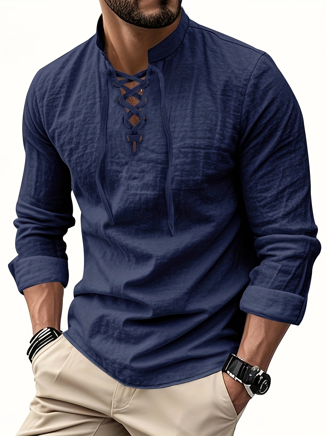 Montara & Crest V-neck shirt displayed on a mannequin, featuring a fitted design and soft fabric in a neutral color.